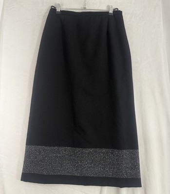 Norton Mcnaughton Skirt 12 Petite Black Wool Midi Lined White Stripe Womens