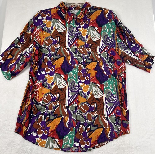 Vintage 90s Shirt Womens Large Button Up Hipster Rayon Short Sleeve Shoulder Pad