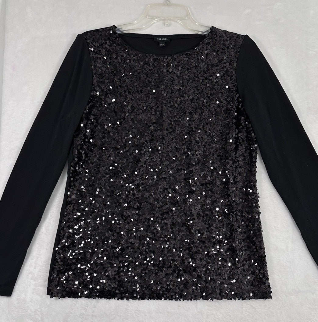 Talbots Small Tops Black Sequined Pima Cotton Long Sleeve Top Womens Sequin