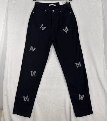 PacSun Jeans 24 Ultra High Rise Slim Black Embroidered Butterflies Womens NEW