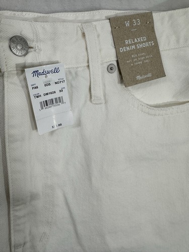 Madewell Relaxed Denim Shorts 33 White Cut Off Jean 3” Inseam Womens NWT