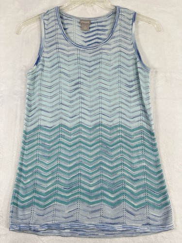 Chicos Size 0 Top Wavy Striped Sweater Tank Sleeveless Small Blue Rayon Womens