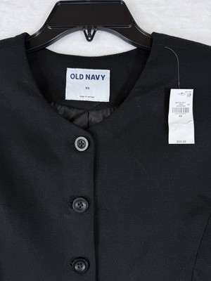 Old Navy Linen Blazer Women XS Black Collarless Button Front Suit Jacket New