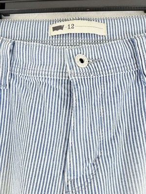 Levis Jean Shorts Women 12 Denim Light Blue White Striped 11” Bermuda Roll Hem