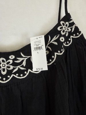 Gap Swing Dress Large Black Cotton Gauze Mini Sleeveless Embroidered Womens New