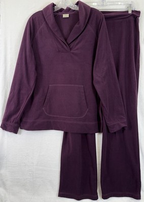 LL Bean Fleece Pullover Top Pants Set Large Womens Burgundy Pull On Straight Leg